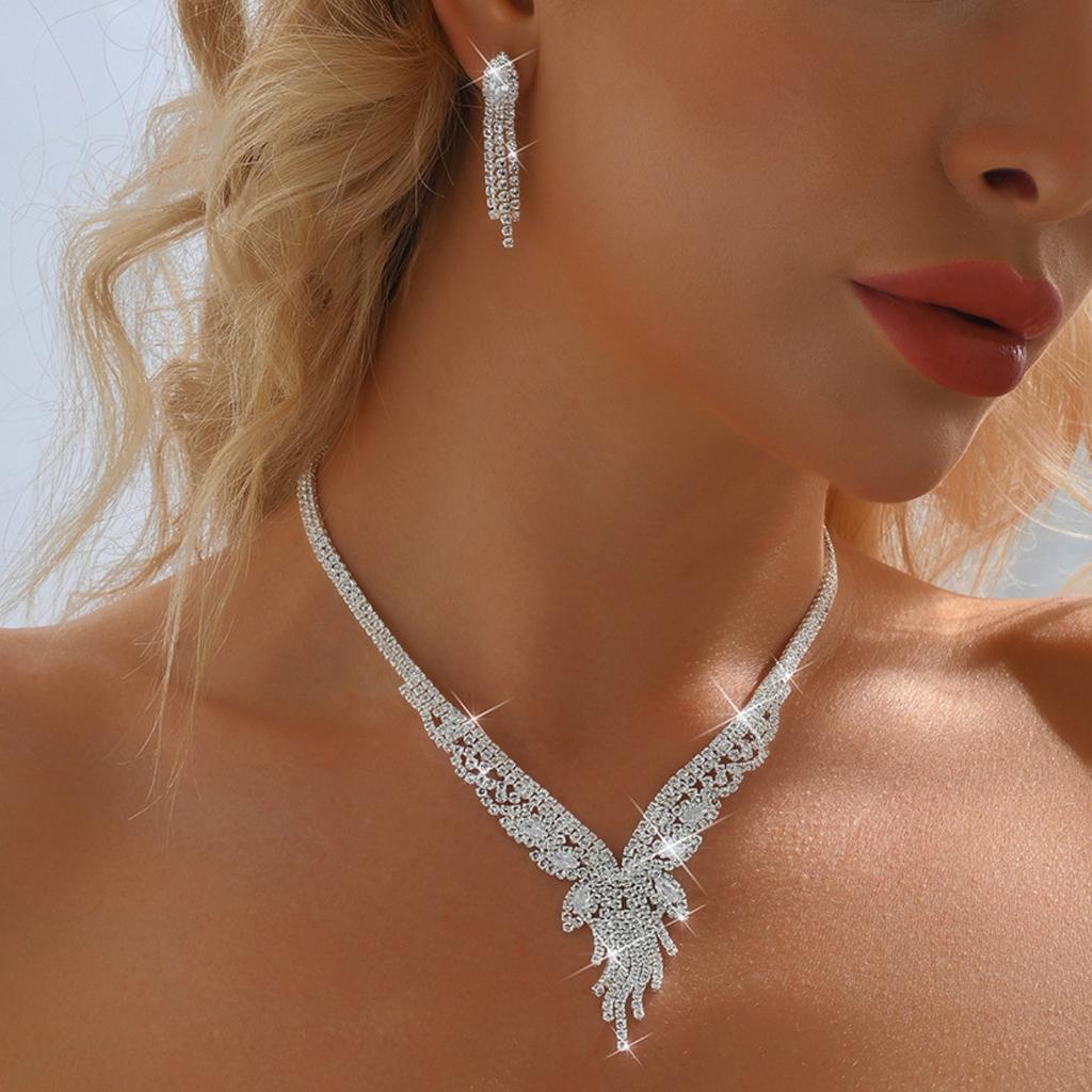 3pcs Women's Jewelry Set Rhinestone Tassel Necklace Earrings Bridal Wedding Accessories