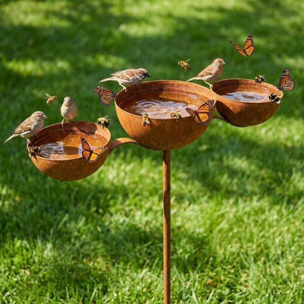 Rusted 3-Tiered Bird Bath Metal Bird Feeding Station Multi-Purpose Bird Water Bowls Yard