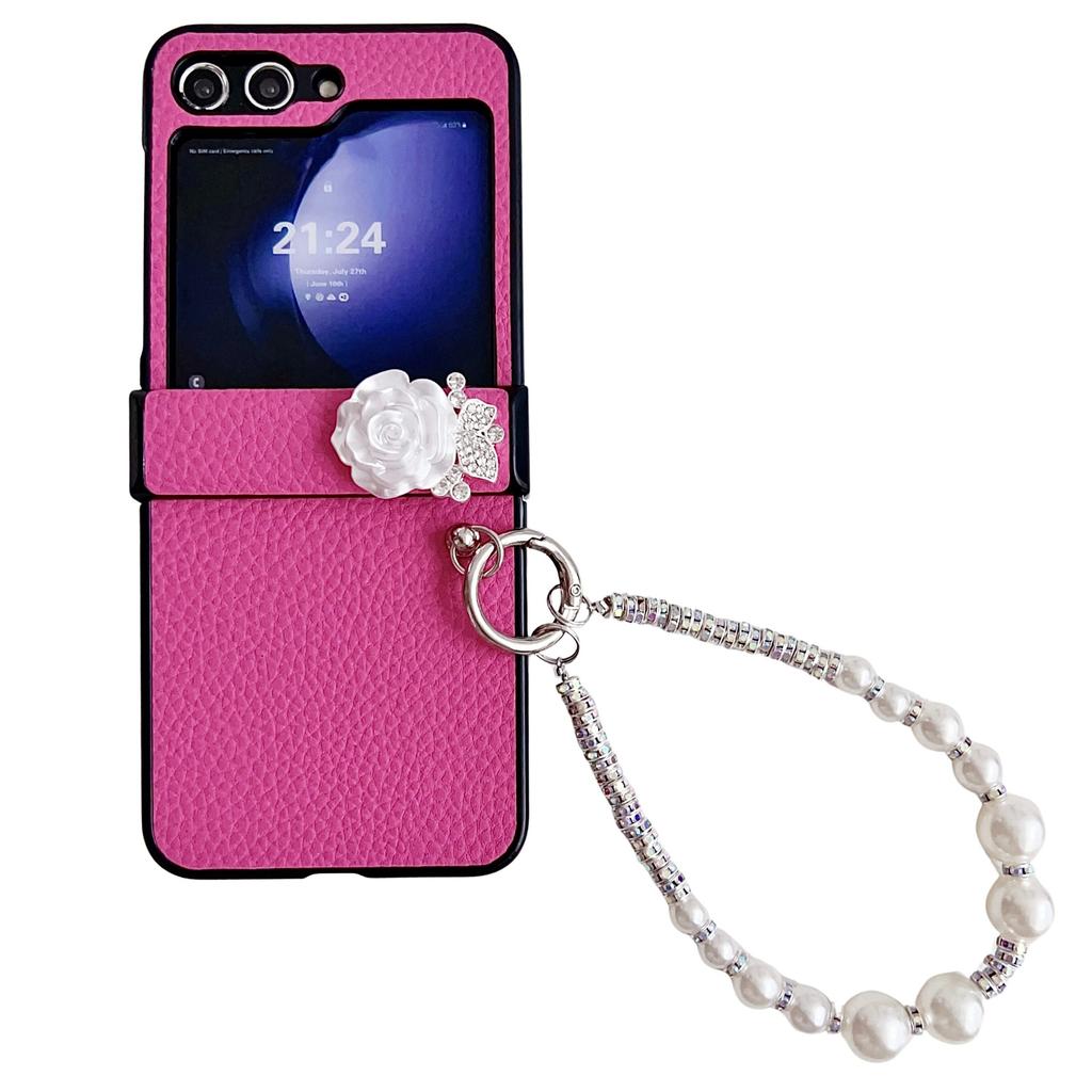 Applicable To Samsung ZFlip5 Mobile Phone Case, Lychee Pattern Zflip4 Bracelet, Camellia Back Cover Case, Protective Case Zflip3.