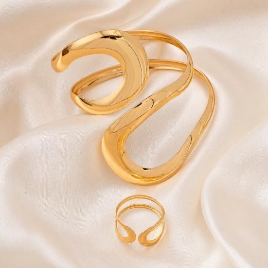 2Pcs/Set Bracelet Ring Set for Women, Adjustable Opening Design Bangle, High-Gloss Mirror Finish Ring, Irregular Geometric Shape Jewelry Set