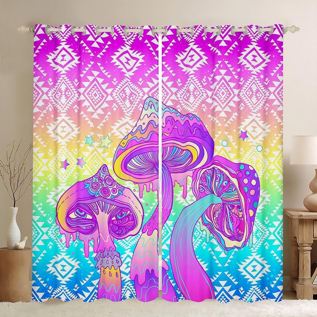 3D Colorful Psychedelic Mushroom World Design Curtains, Blackout Curtains for Living Room Home Decor, Window Drapes,2 Panels