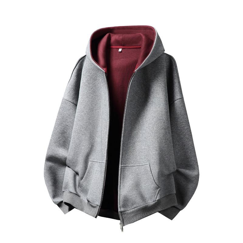 Men Heavy Weight American Color Block Loose Hooded Long Sleeve Zip Up Casual Hoodie Jacket