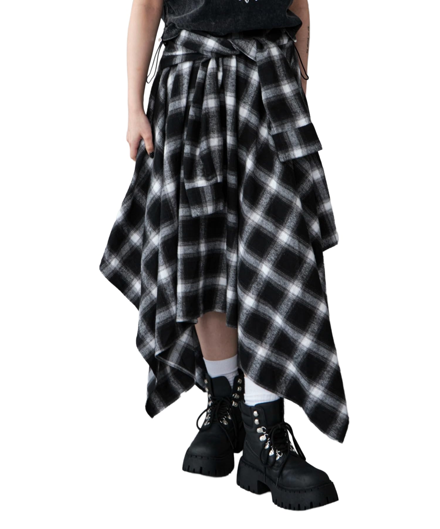 

WEGO Irregular Hem Long Checkered Korean Size Black Women s Flannel-Like Skirt, Skirt, Fall/Winter Outfit, Streetwear, Casual, Style, Gift, F, чёрный