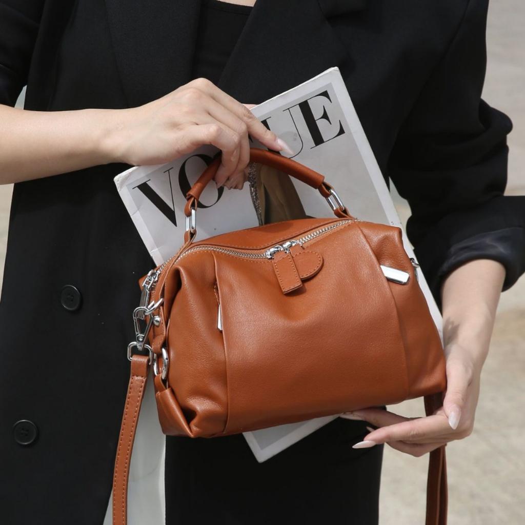 Bolso Mensajero de Hombro de Cuero Vacuno para Mujer Moda Femenina Generoso Bolso Shell Cremallera Cuero Suave Portátil Multibolsillo