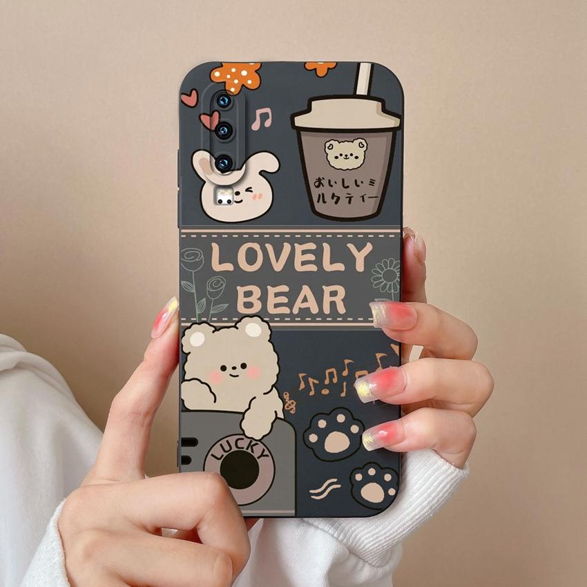 Phone Case For Huawei P30 Y5 P40 Y6 Y9 Y9A Y7 P60 Lens Protection Cute Doll Bear Pattern Liquid Silicone Soft Cover For Huawei Dustproof Bumper Casing