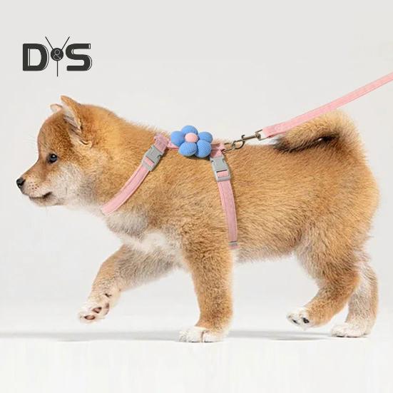 Katzengeschirr-Leinen-Halsband-Set zum Spazierengehen, verstellbares doppellagiges Haustiergeschirr mit Blumendekor, ausbruchsicheres Haustierhalsband, Leine für kleine und mittelgroße Katzen