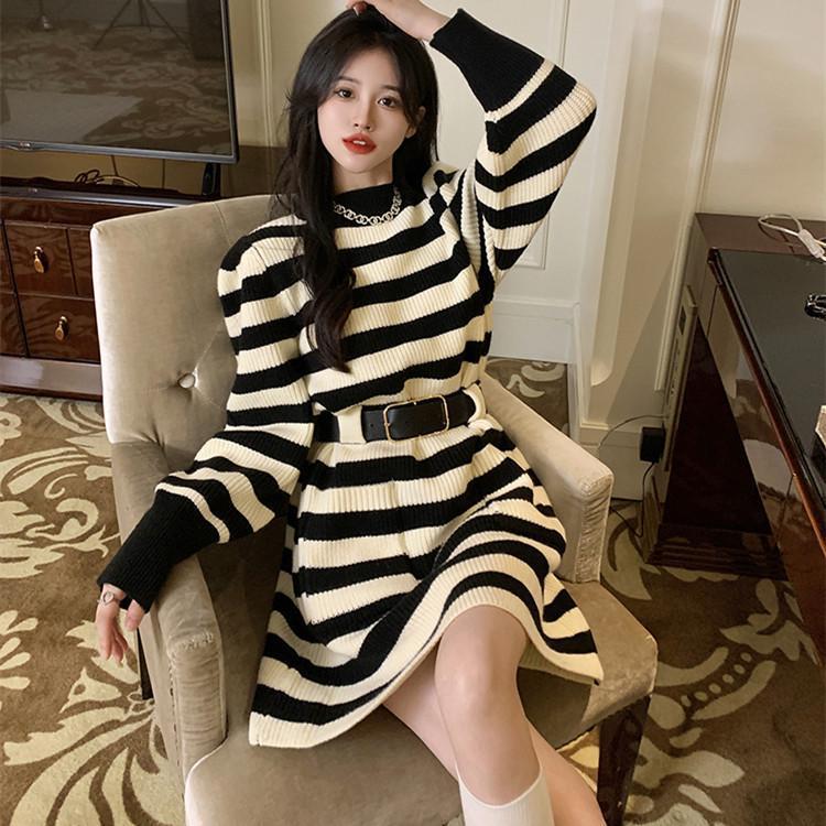 Chic Korean Style Knitted Sweater Dress for Autumn & Winter - Slimming Waist, Thick Base Layer