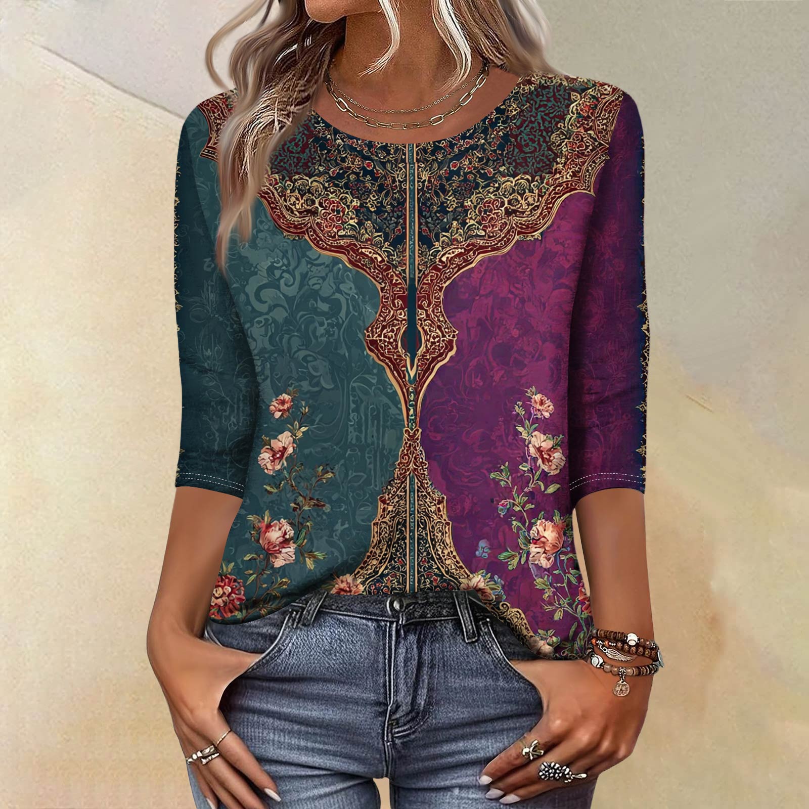 

Модный винтажный топ с рукавом три четверти для женщин, женская повседневная блузка-футболка с круглым вырезом и принтом L