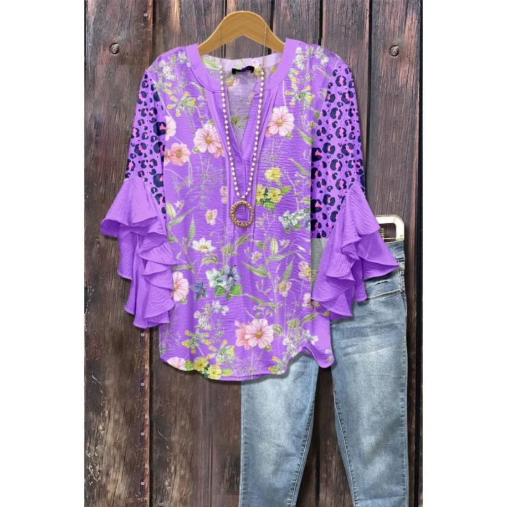 Large Women's Bohemian V-neck Shirt with Ruffle Sleeves, Grey Brown Floral Print Top, Casual Breathable Machine Washable Pullover