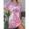 Damen Bequemes Weiches Lässiges Rundhals Nachthemd, Süßer Katze Aufdruck Kurzarm T-Shirt Langes Kleid Loungewear