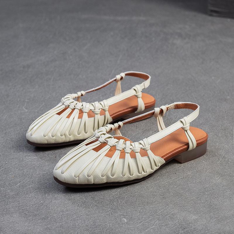 

Johnature Woven Hollow-out Roman Low Heeled Sandals Genuine Leather Soft Sole Casual Versatile Women s Shoes 40 бежевый