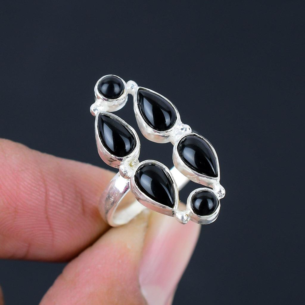 Natural Black Onyx Gemstone 925 Sterling Silver Long Finger Hollow Ring For Women & Girls