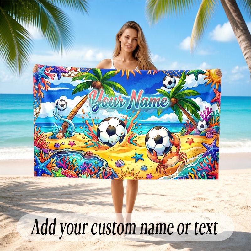 Soccer Theme Beach Towel Personalized Custom Name & Text Soft Quick Dry Beach Towel for Swimming Travel