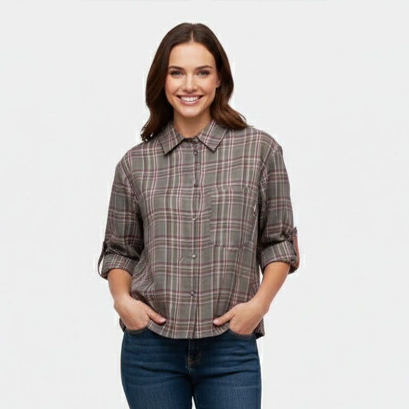 Gray Plaid Asymmetrical 3/4 Sleeve Shirt Women PLEASE