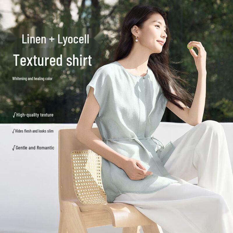 

IHIMI Women s Textured Lyocell Linen Tie-Waist Round Neck Blouse L