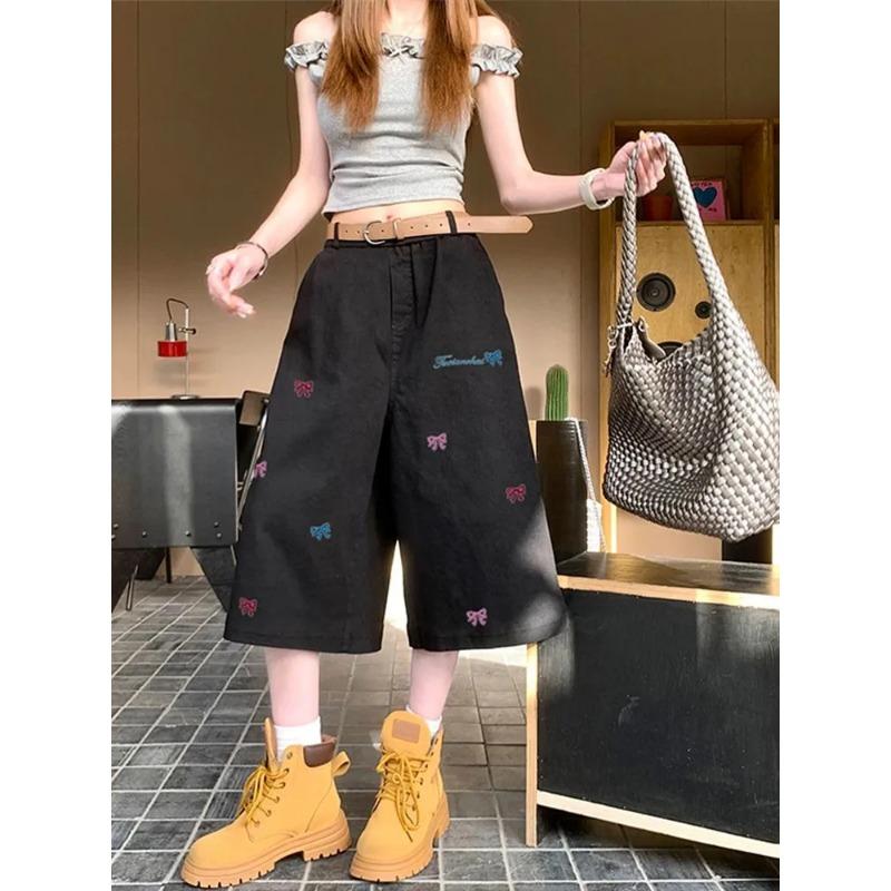 Neue Sommer Cropped Jeans Damen High Waist Vielseitig Locker Gerade Weiter Bein Shorts