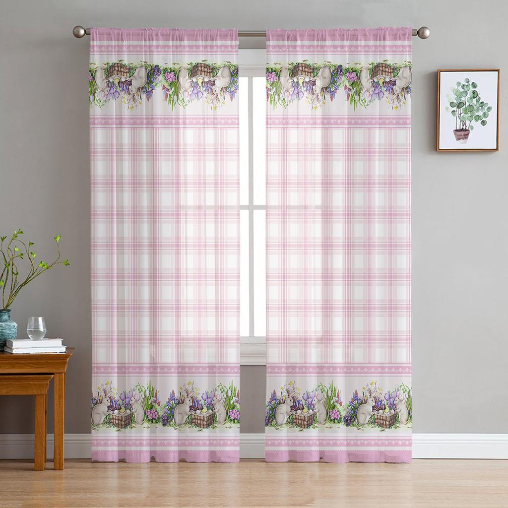 Easter Spring Colored Egg Bunny Sheer Tulle Window Curtains For Living Room Bedroom Kitchen Veiling Curtain Home Decoration