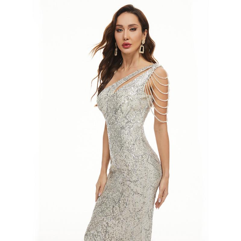 Women's Sexy Sequin Tassel One Shoulder Halter Bodycon Maxi Dress Party Evening Gown Formal Dresses Mermaid Bodycon Cocktail Evening Dress for Women