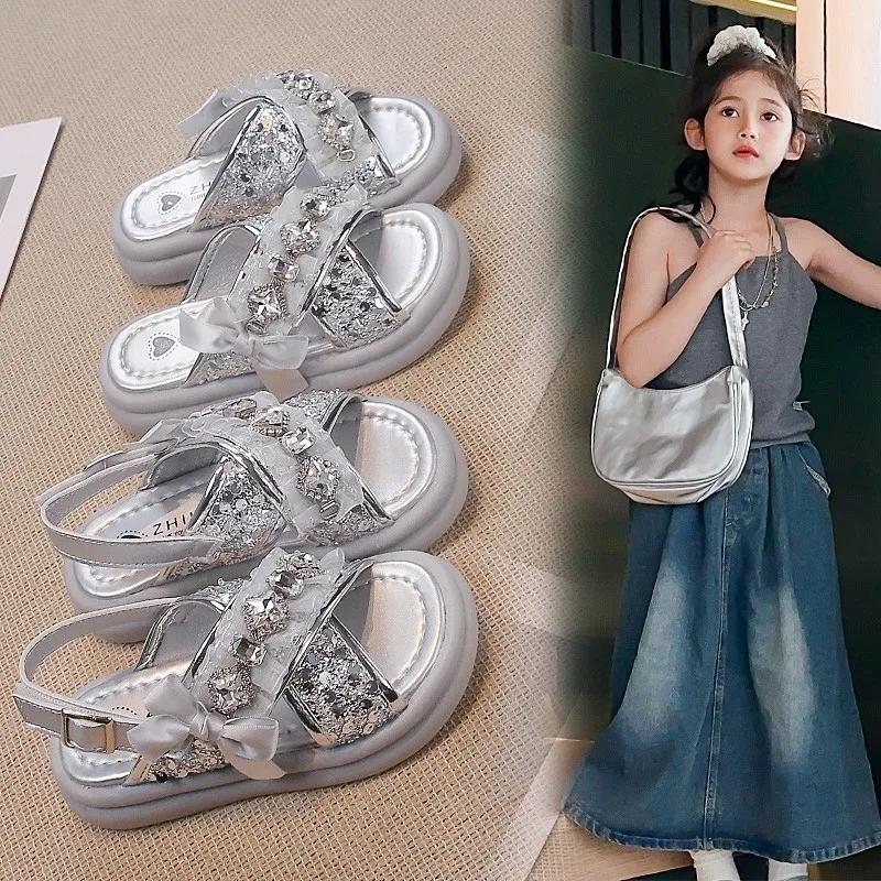 2024 Children Sandals for Girls Sumemr New Fashion Princess Rhinestone Elegant Lace Soft Sole Comfortable Casual Versatile Shoes