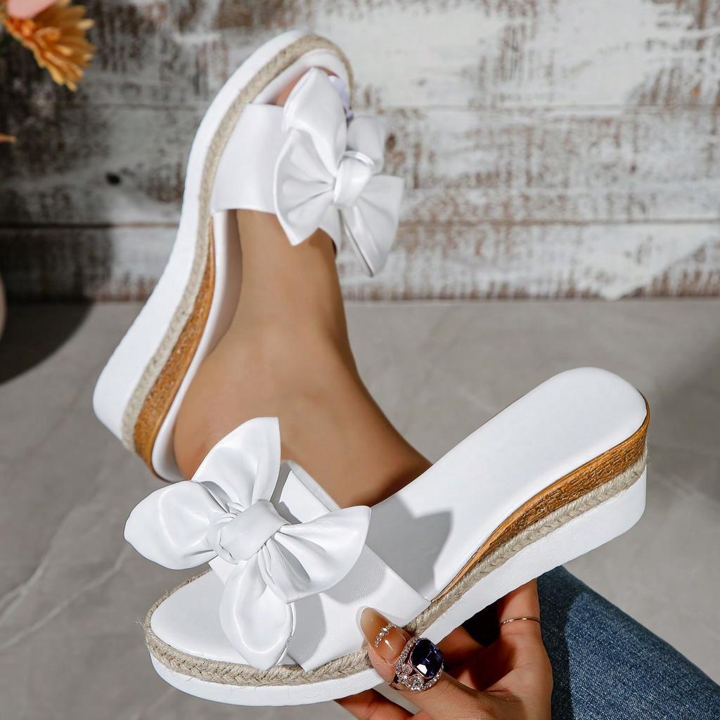 Fashion Slippers Women Slides Beach Wedges Mid Heels Butterfly knot Shoes Women Solid Leather Platform Summer Shoes Plus Size