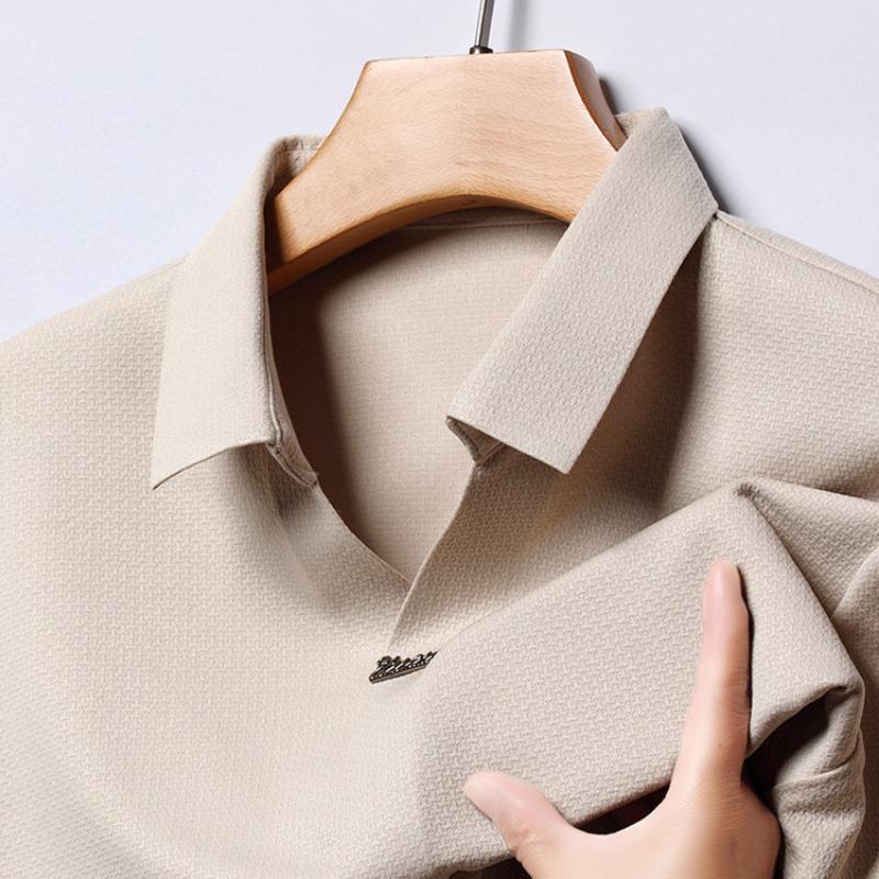 Men Loose Fit Long Sleeve Turn Down Collar Casual Solid Polo Shirt