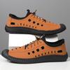 Herren Sandalen Sommer Strandschuhe Weiches Leder Schwarze Sohle Sportschuhe Atmungsaktiv Hohle Ein-Pedal Freizeit Lochschuhe