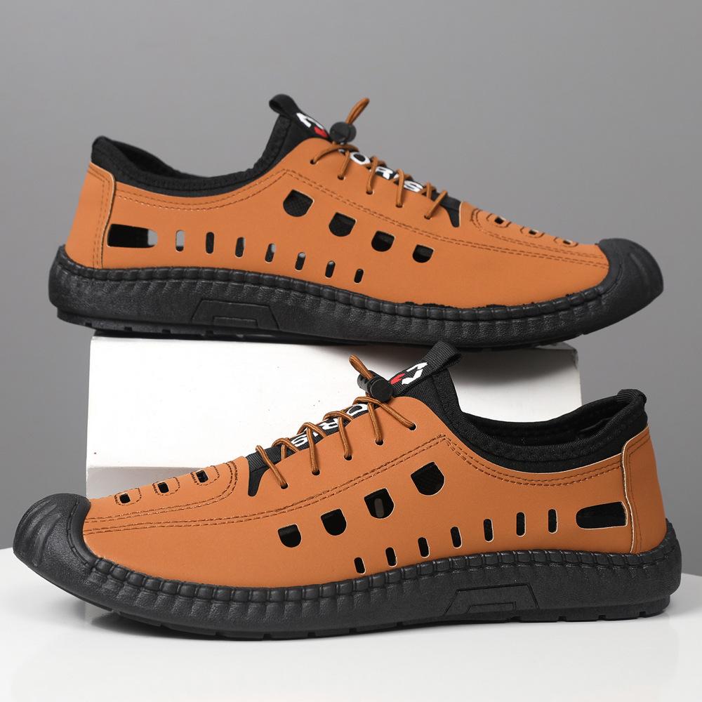 Herren Sandalen Sommer Strandschuhe Weiches Leder Schwarze Sohle Sportschuhe Atmungsaktiv Hohle Ein-Pedal Freizeit Lochschuhe