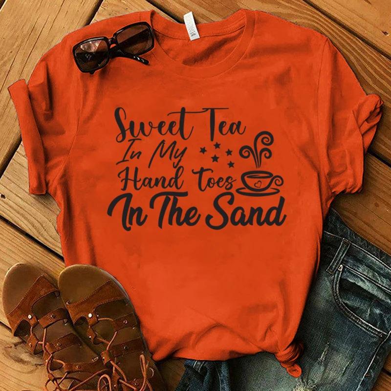 Funny Sweet Tea In My Hand Toes In The Sand Print T-Shirt Summer Letter Print T Shirt Women Men Short Sleeve Loose Shirts