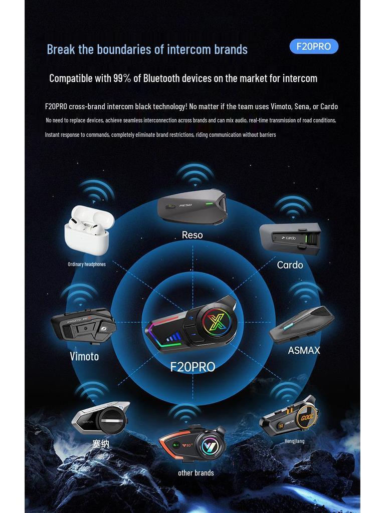 Bluetooth Motorcycle Helmet Headset F20pro: Cross-Brand Intercom, Two-Person Riding, Music Sharing.