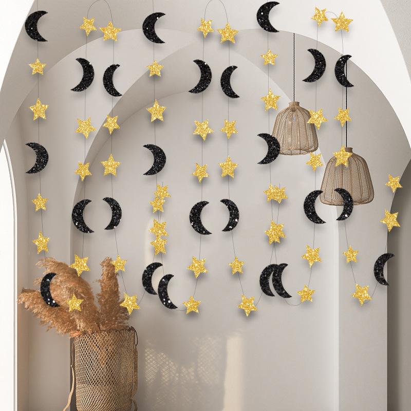 Star Moon Paper Banner Garland  Eid Mubarak Hanging Ornaments Islamic Muslim Party Home Decoration 2024 Ramadan Kareem Supplies