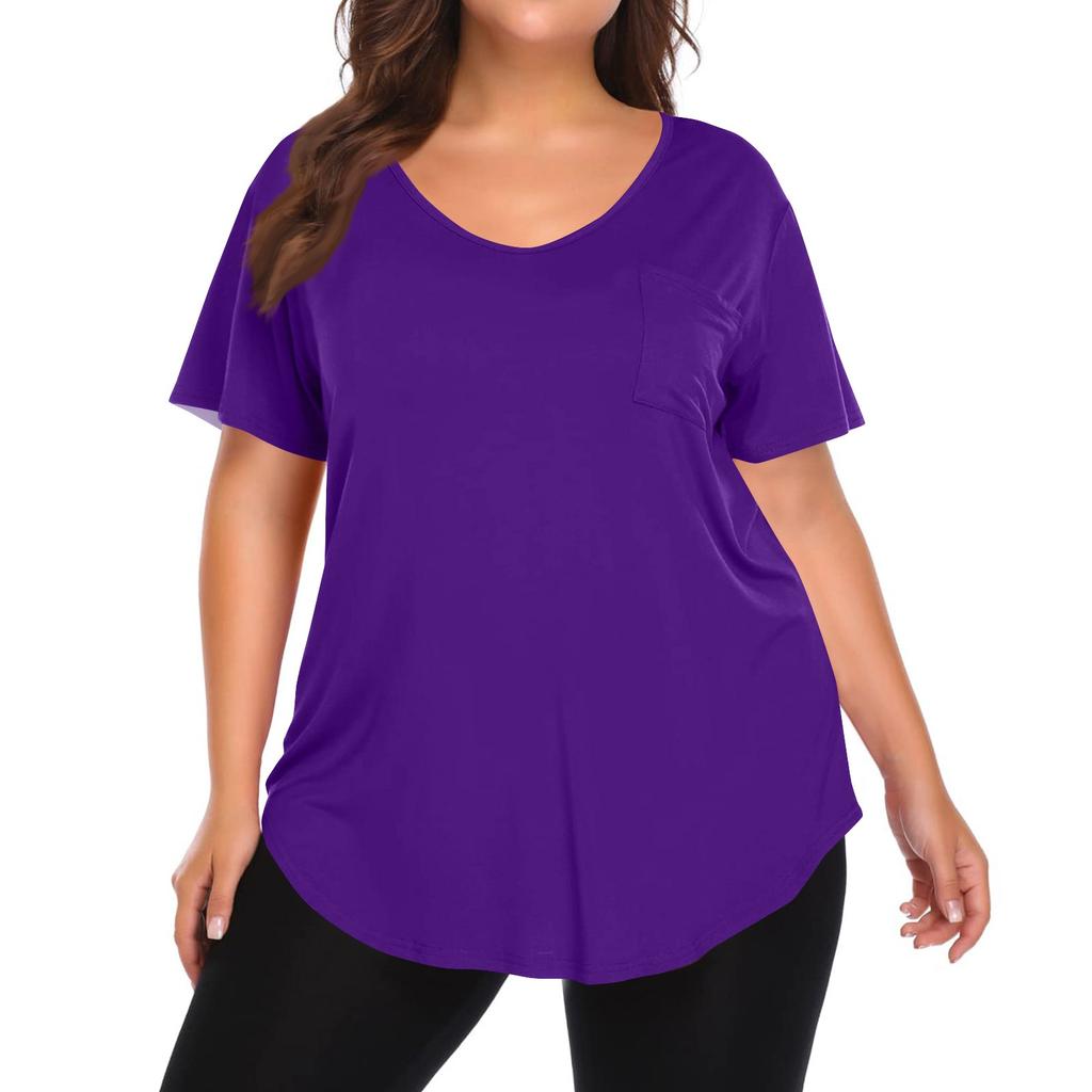 Women's Solid Color Large Size V-neck Top Loose Pocket T-shirt