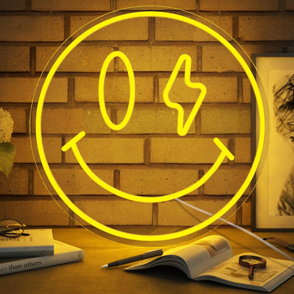 Smile Face Neon Sign LED Neon Light Wall Decor Smiley Face Light Up Signs USB Powered Yellow Neon Signs For Bedroom Pink