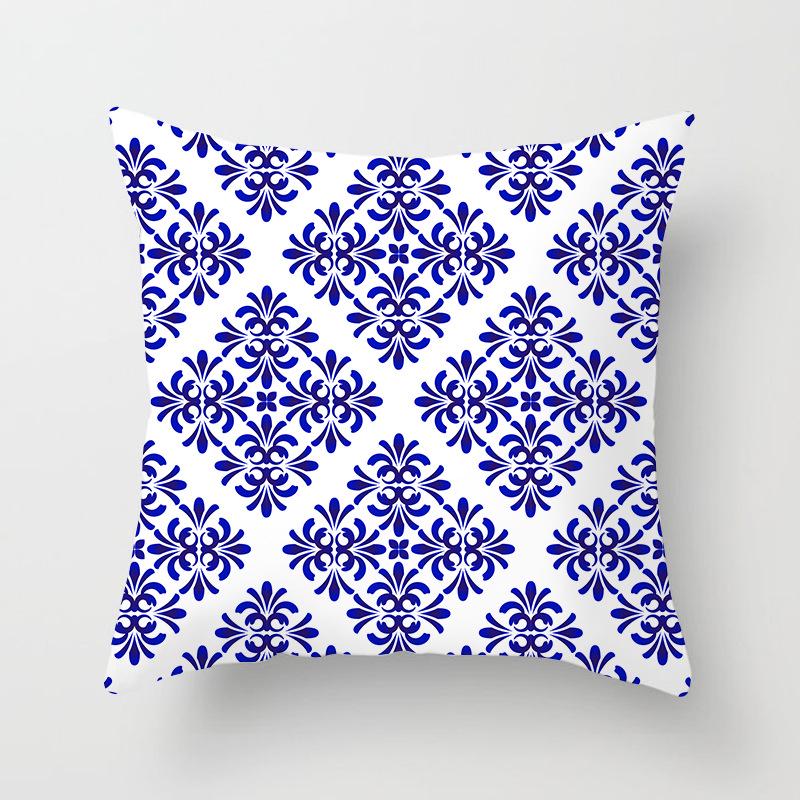Peach Skin Pillowcase Blue and White Porcelain Geometric Print Abstract Sofa Cushion Cover Office Waist Pillow Cover