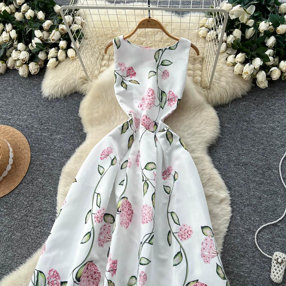 Robe sans manches à col rond imprimé style européen américain pour femmes, haut de gamme, niche, fête d'anniversaire, taille ajustée, bouffante, maxi