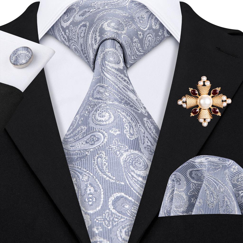 Barry.Wang Pearl sagė su kaklaraiščiu vyrams Paisley gėlių šilko kaklaraištis Hanky rankogalių sąsagų rinkinys