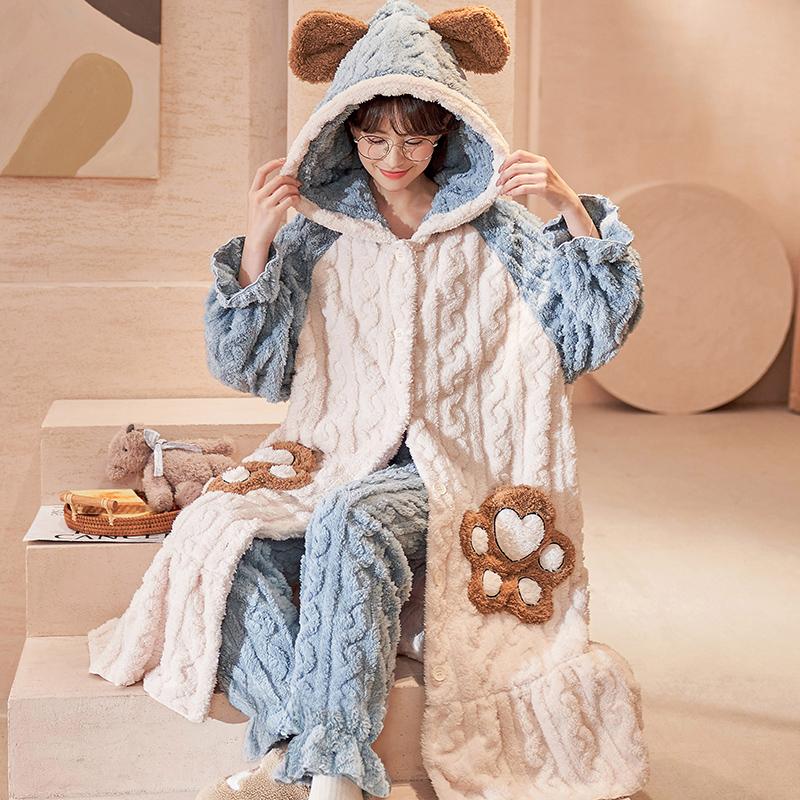Cartoon Thicken Kimono Bathrobe Women's Dressing Gown Pajamas Hooded Robes Coral Fleece Sleepwear Winter Coats for Home Clothes