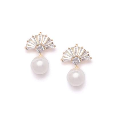 Gold Tone Shimmering Baguette Diamond & Pearl Stud Earring For Women