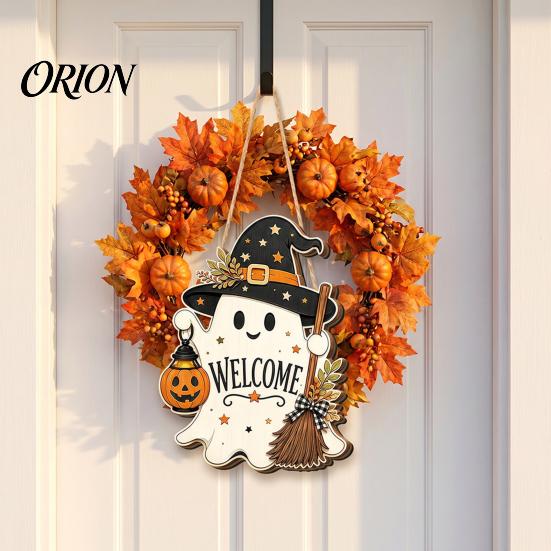 Holiday Party Supplies Halloween Wooden Hanging Sign, Rustic Ghost Bat Black Cat Witch Hat Wall Decor, Balcony Window Decor Spooky Pendant with