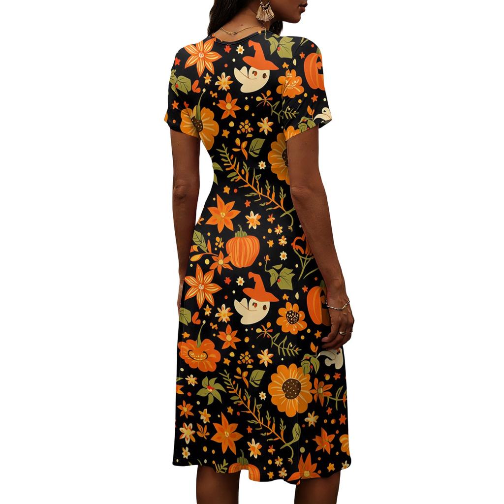 Womens Halloween Print Casual V Neck Short Sleeve Midi Dress with Elastic Waist and Floral Pattern for Seasonal Wear