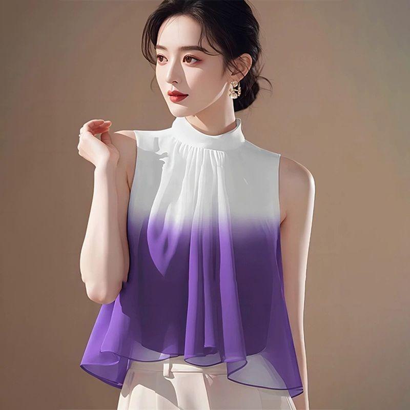 Unique Gradient Blouse Women Elegant French Sleeveless Chiffon Shirt Stylish Casual Summer Top