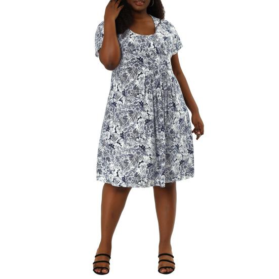 Women Dress Round Neck Short Sleeve Pleated Detail Short Dress Floral Print Flowy Hem Loose Fit Dress Plus Size