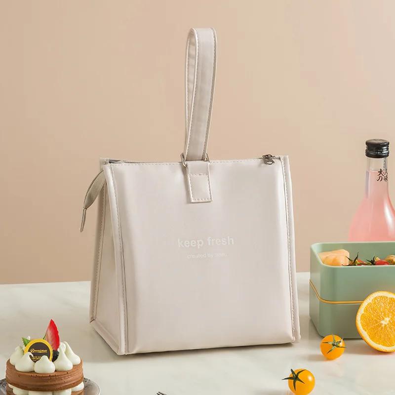 Portable Waterproof Lunch Bags PU Leather Food Picnic Lunch Box Insulated Women Cooler Bags Ice Pack Drink Carrier Thermal Bag
