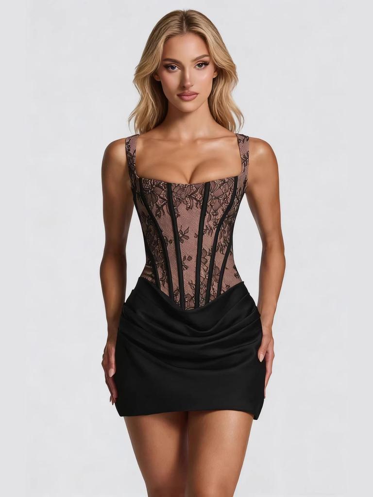 Lace Patchwork Backless Bodycon Dress with Waist-Cinched Tie-Up Camisole