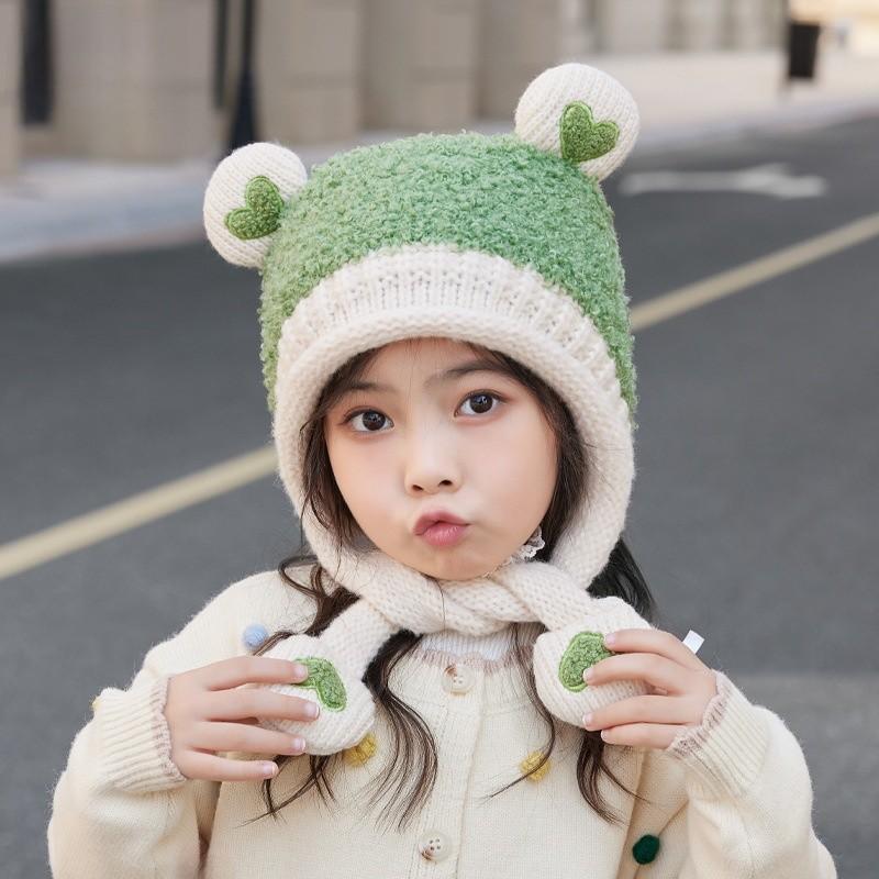 Kids Knit Hat With Heart Ears For Winter Warmth And Wind Resistance
