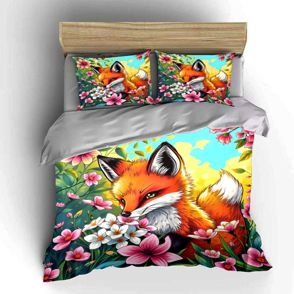 Fox Floral Art Home Decor Soft Comfortable Duvet Cover Bedding Set Included 1*Duvet Cover & 2*Pillowcases, Gift