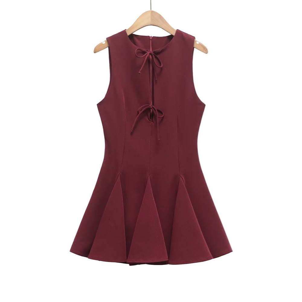 2025 Spring/Summer Women's High-End Vest Dress with Wavy Hem and Bow Detail