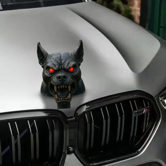 Demon Dog Car Hood Ornament Resin Sculpture with Red Eyes And Fangs Weather-Resistant Automotive Decor for Sedans Trucks Jeeps