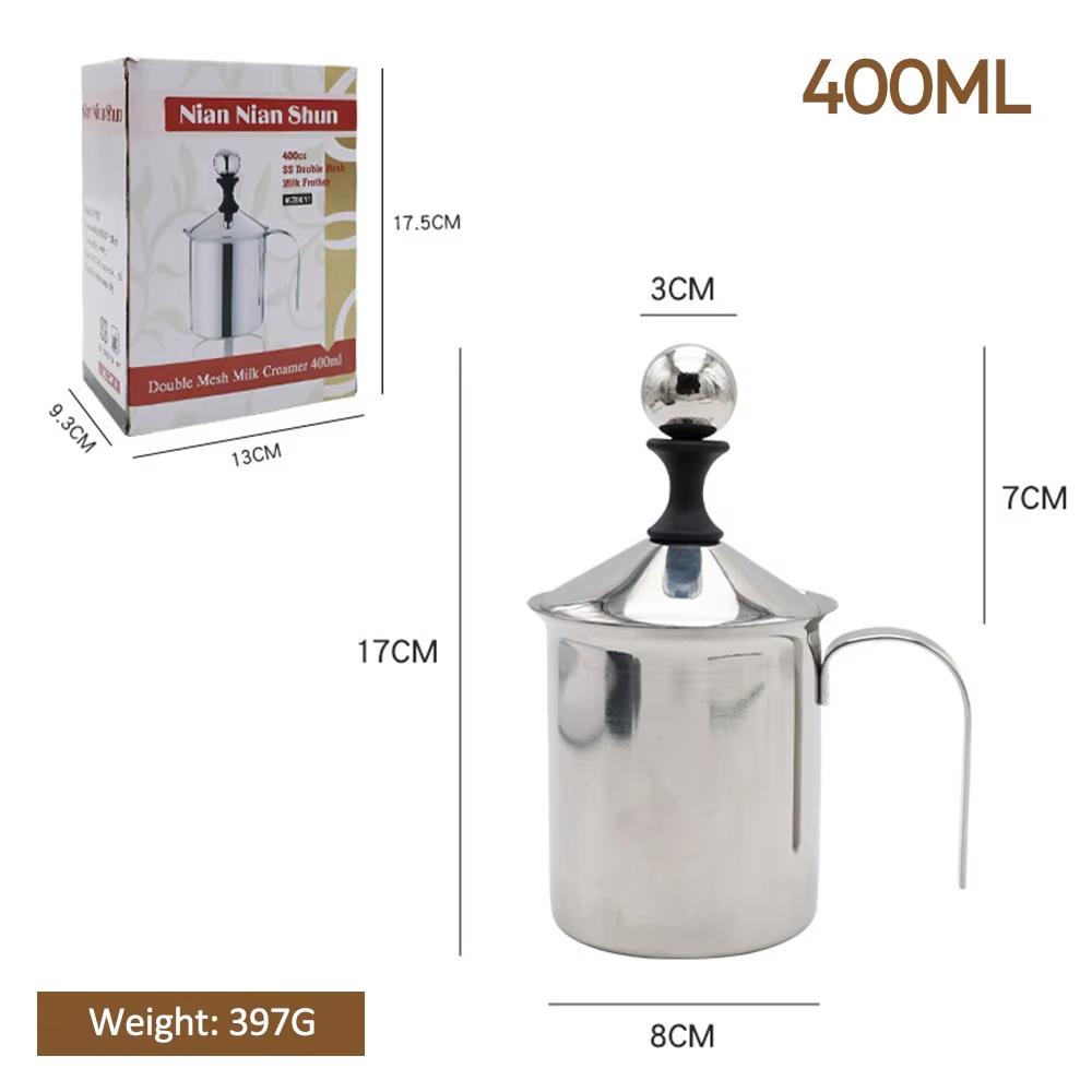 

Ручной вспениватель молока 400 мл Сетчатый вспениватель молока Кофейный миксер Кухонные принадлежности из нержавеющей стали Двойной сеточный молочный креманка