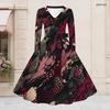 Women Plus Size V Neck Long Sleeve Printed Tie Waist A Line Flared Midi Dress