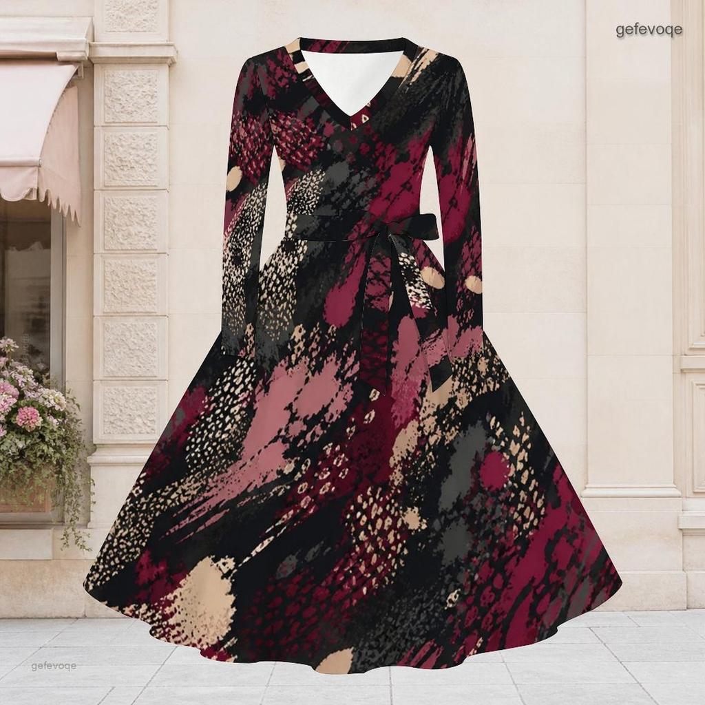 Women Plus Size V Neck Long Sleeve Printed Tie Waist A Line Flared Midi Dress